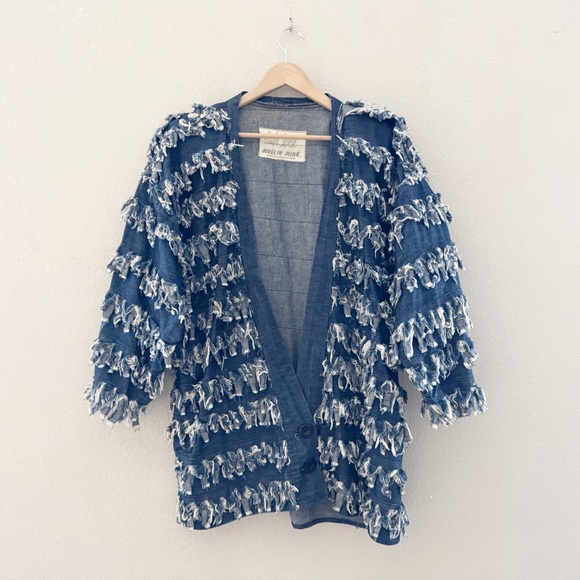 Vintage 80s Paula Sweet Muslin Mink Fringe Denim Jacket Large Blue USA Lagenlook - Picture 2 of 12